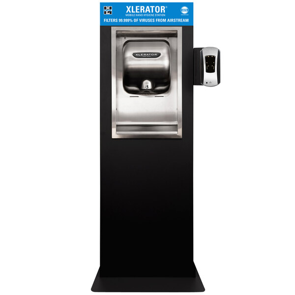 A black and silver Excel hand dryer with a silver rectangular button.