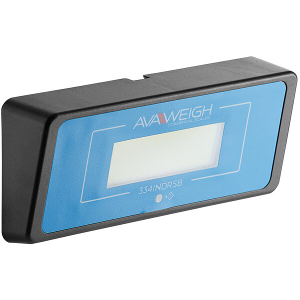 A rectangular blue and black AvaWeigh digital scale indicator with a white display.