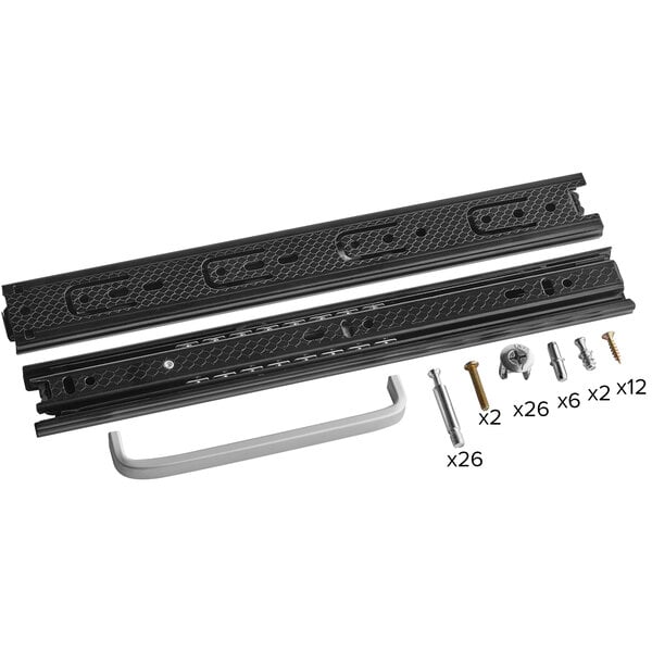 A pair of black metal brackets with screws and nuts.