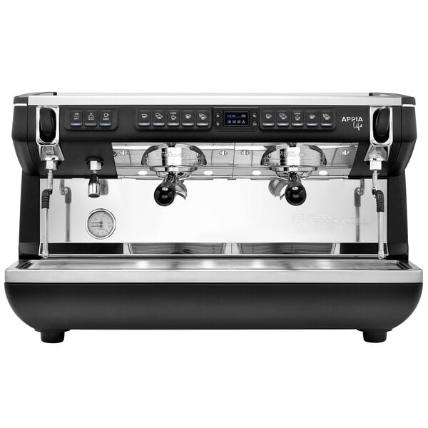 A black and silver Nuova Simonelli Appia Life XT espresso machine on a counter.