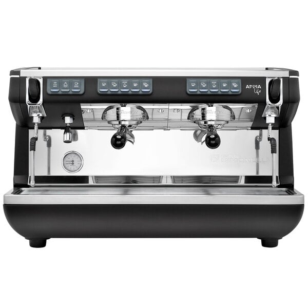 A black and silver Nuova Simonelli Appia Life 2 Group Volumetric Espresso Machine on a counter.