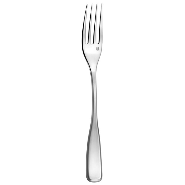 A close-up of a Couzon by Amefa stainless steel dessert fork with a silver handle.