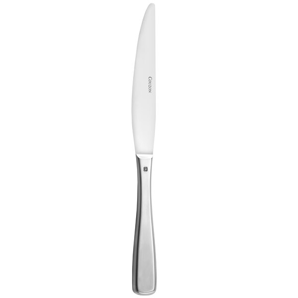 A silver Couzon by Amefa stainless steel table knife with a white handle.