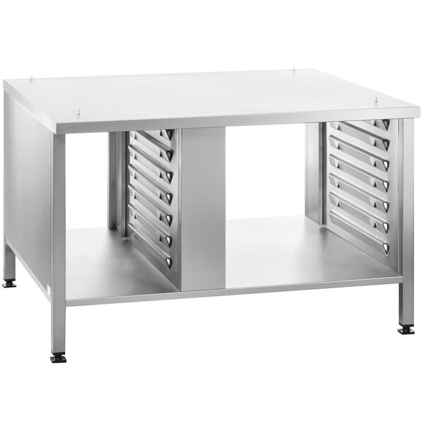 A stainless steel Rational open back oven stand with shelves and pan racks.