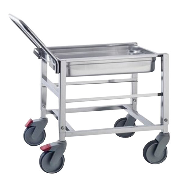 A silver metal Rational VarioMobil cart with a handle and a tray on a counter.