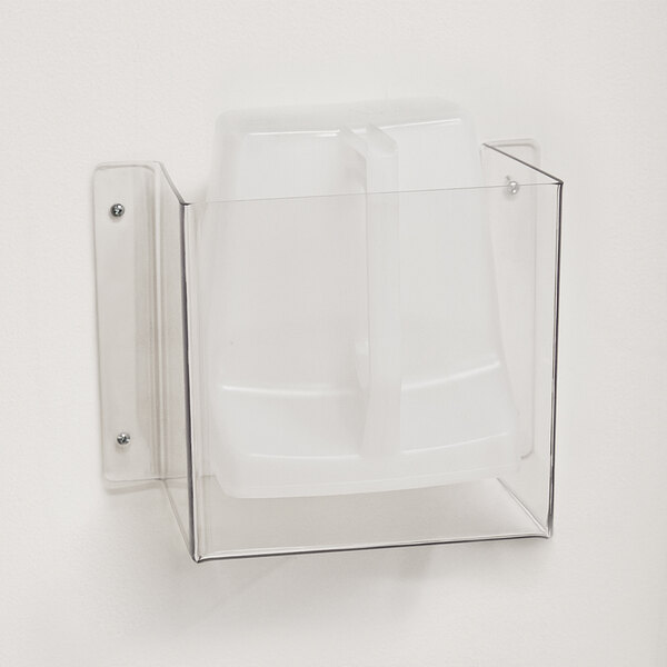 A Cal-Mil clear plastic wall mount container with a utility scoop inside.