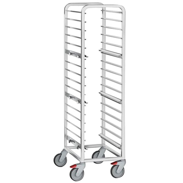 A white metal Rational basket cart with wheels.