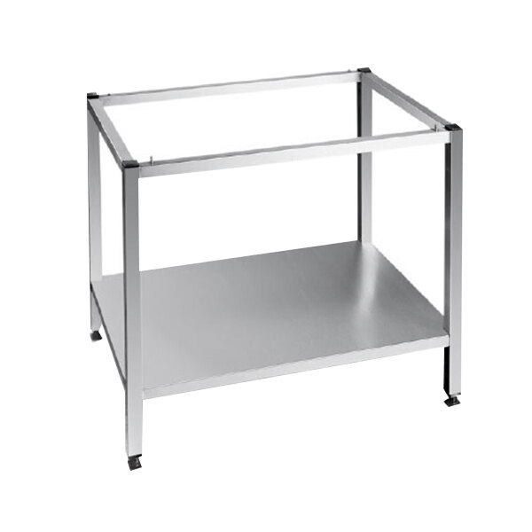 A silver metal Rational oven stand with wheels.