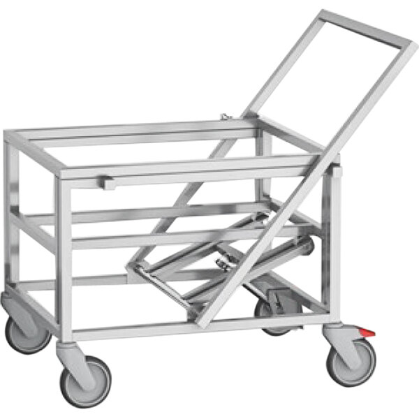 A silver metal Rational VarioMobil cart with open and sliding doors and wheels.