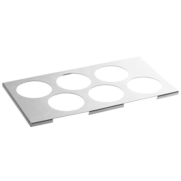 A stainless steel tray with six holes for Choice squeeze bottles.