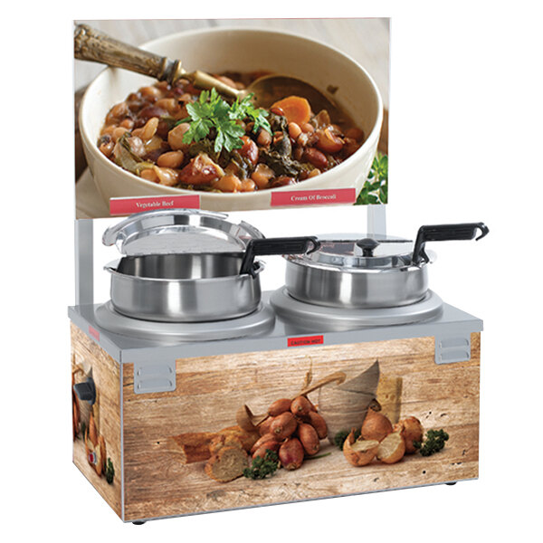 A Nemco double well soup warmer with two bowls of food.