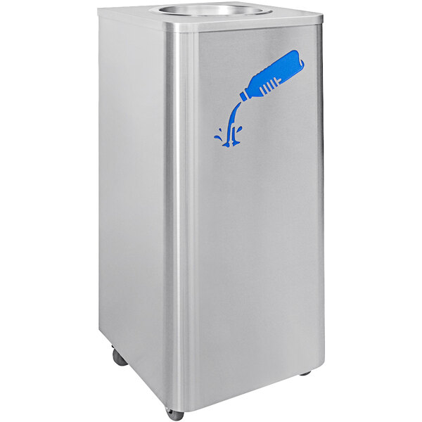 A silver rectangular stainless steel Ex-Cell Kaiser liquids disposal receptacle with a blue bottle on it.