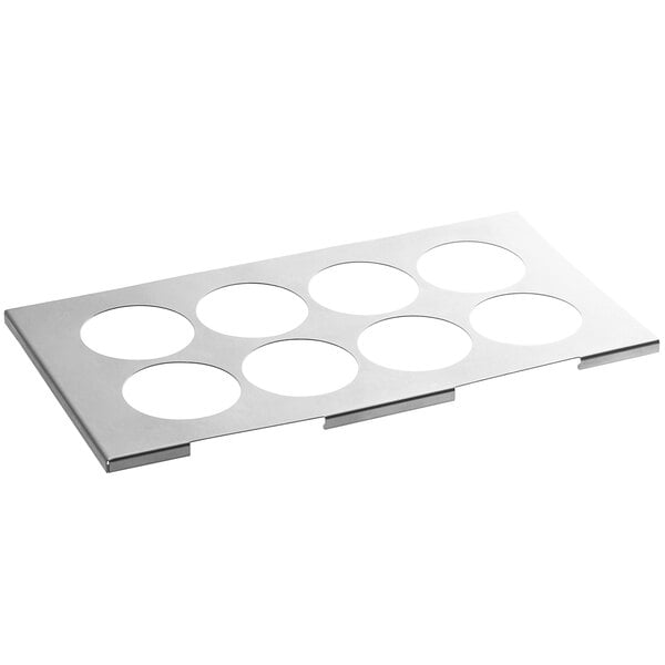 A stainless steel tray with eight holes for squeeze bottles.
