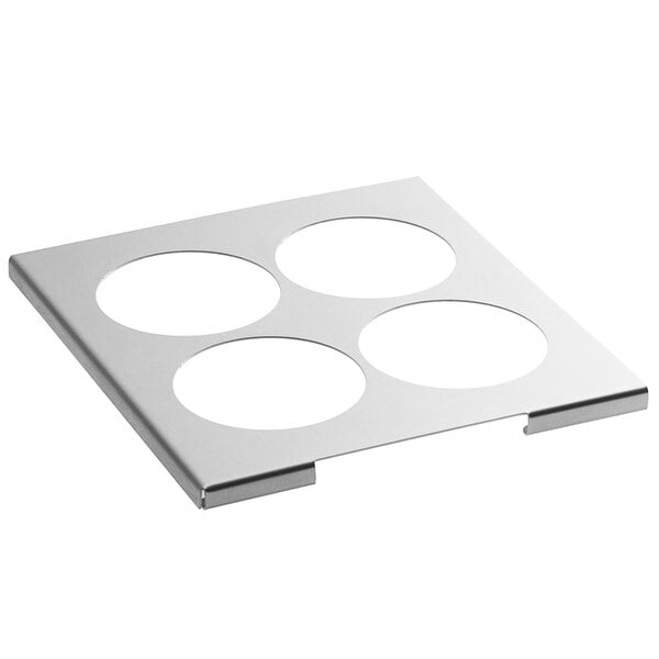A silver stainless steel plate with four circles.