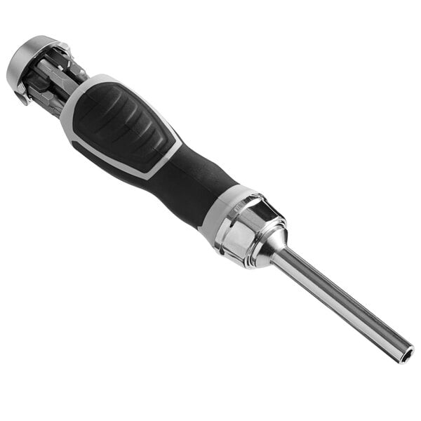 An Olympia Tools 6-in-1 ratcheting screwdriver with a black handle and silver accents.