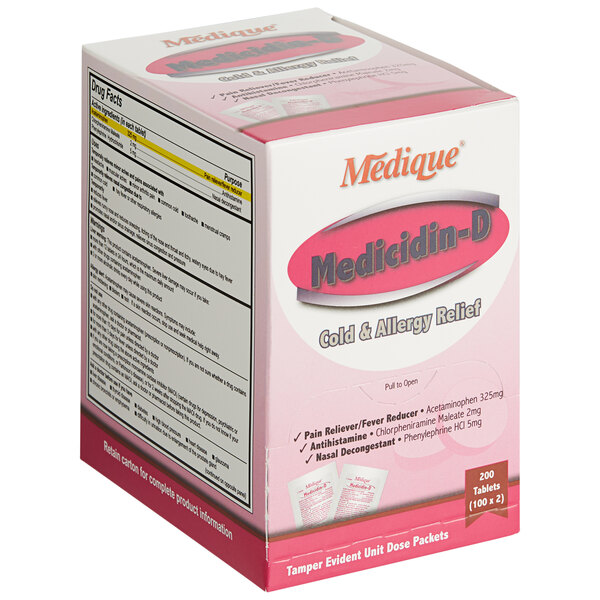 A box of Medique Medicidin-D Cold and Allergy Tablets on a white background.