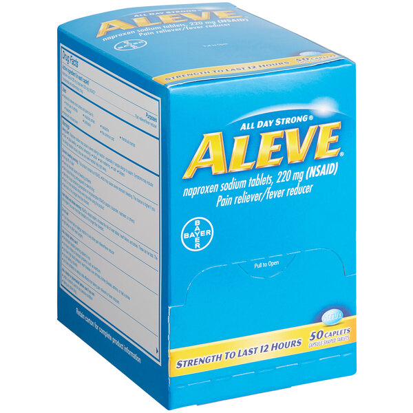 An Aleve box with blue and yellow packaging.