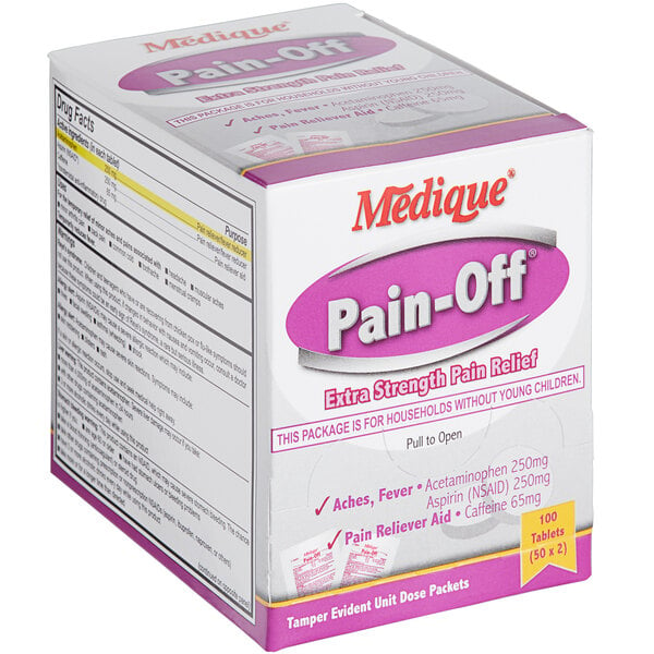A box of 100 Medique Pain Off Extra Strength pain relief tablets.