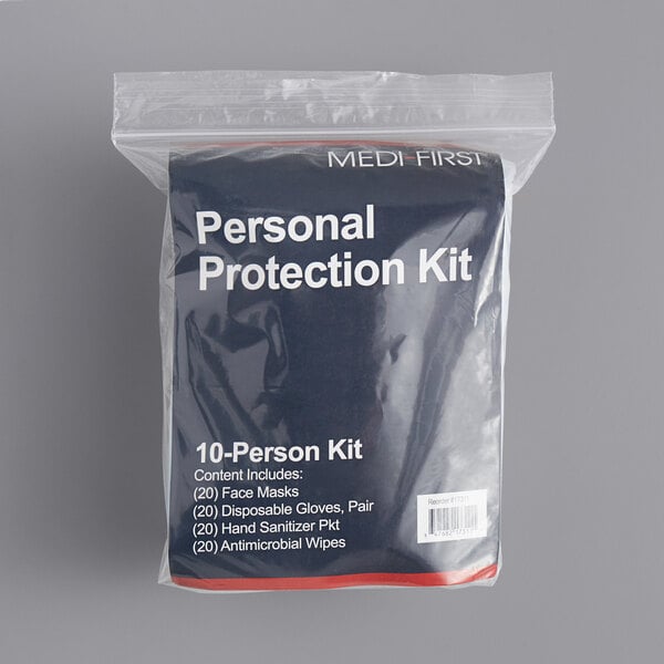 A white plastic bag with a black and white Medique package for a 10-person PPE kit.