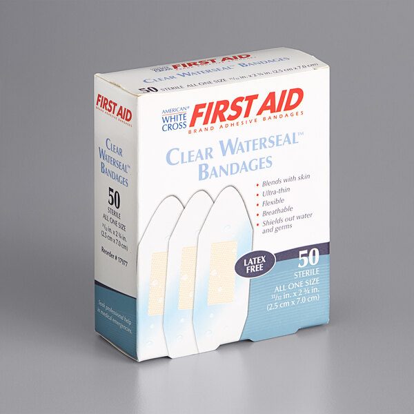 A box of 50 clear water seal bandages.