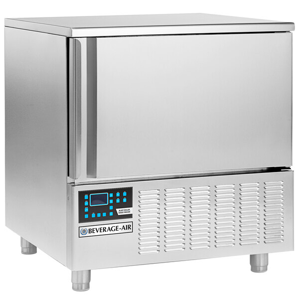 A stainless steel Beverage-Air countertop blast chiller/freezer with a blue display.