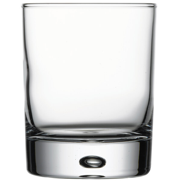 A Pasabahce Centra old fashioned glass with a small hole in the bottom.