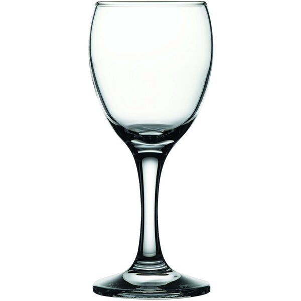 A close-up of a Pasabahce white wine glass with a stem.
