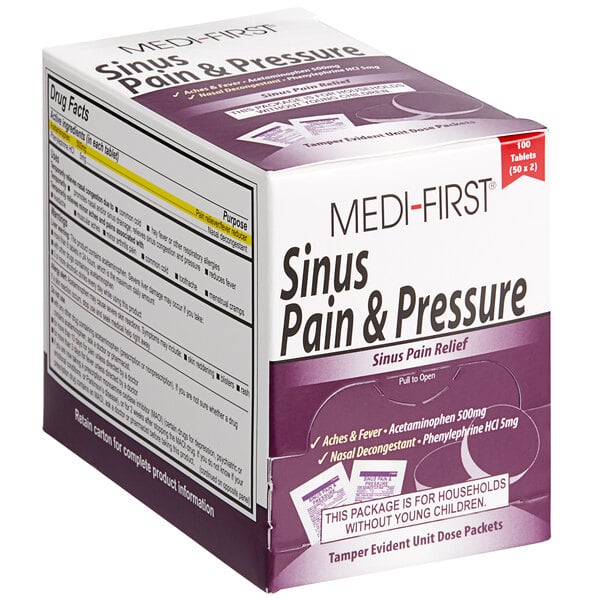 A box of Medique Medi-First Sinus Pain and Pressure tablets.