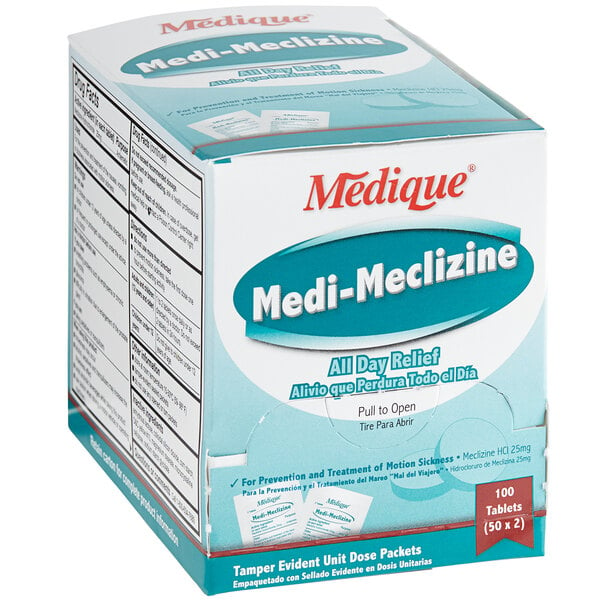 A box of Medique Medi-Meclizine Motion Sickness Tablets on a white background.
