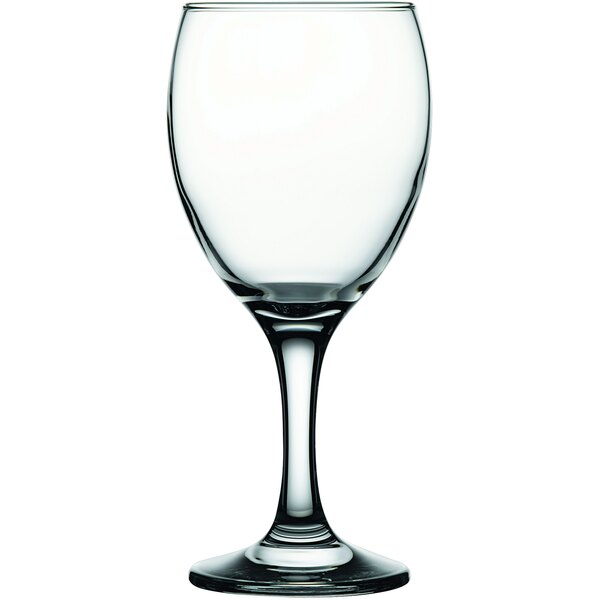 A close-up of a clear Pasabahce Imperial red wine glass with a stem.