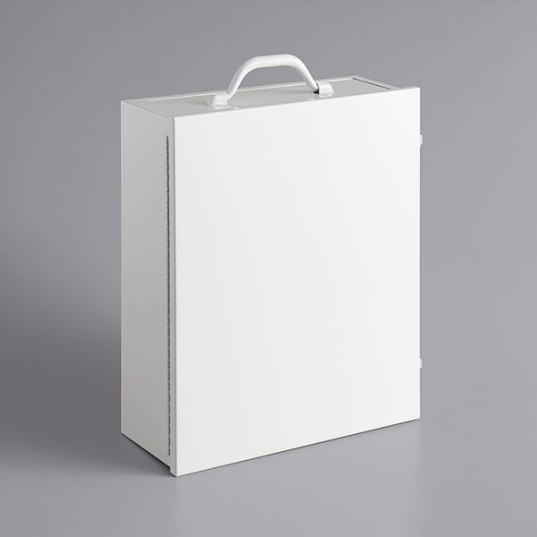 A white box with a white handle and a lid.