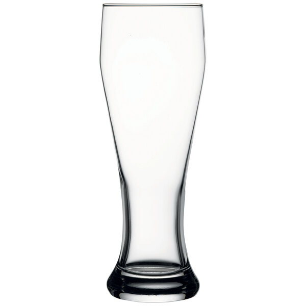 A clear Pasabahce Giant Pilsner Glass on a white background.