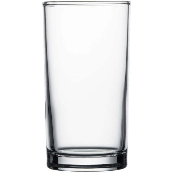 A Pasabahce highball glass with a white background.