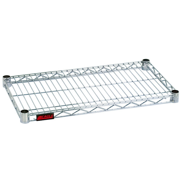 An Eagle Group Eaglebrite zinc wire shelf on a red metal rack with a red label.