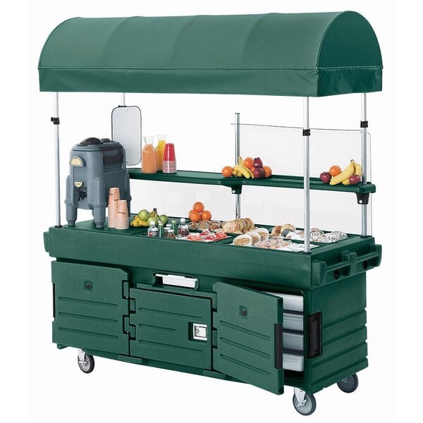 A green Cambro food cart with a canopy.