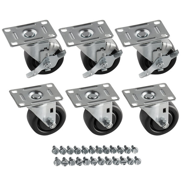 A set of six black metal plate casters for Beverage-Air.
