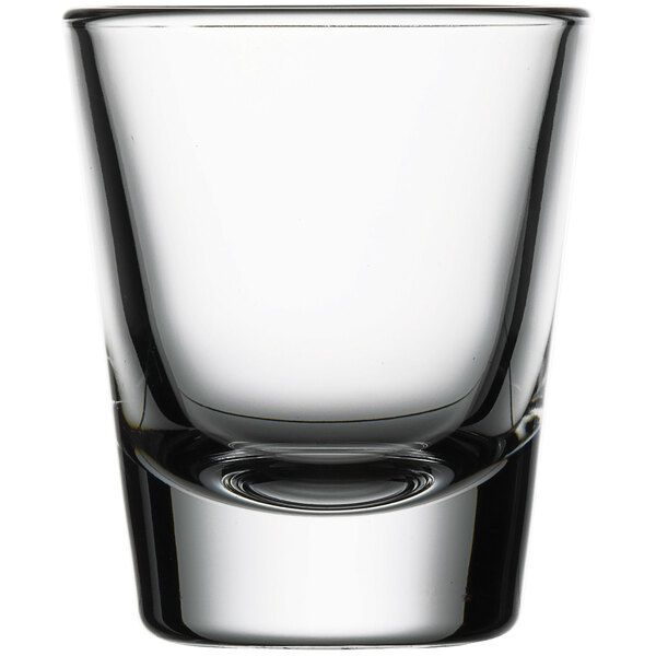 A case of 12 clear Pasabahce shot glasses on a white background.