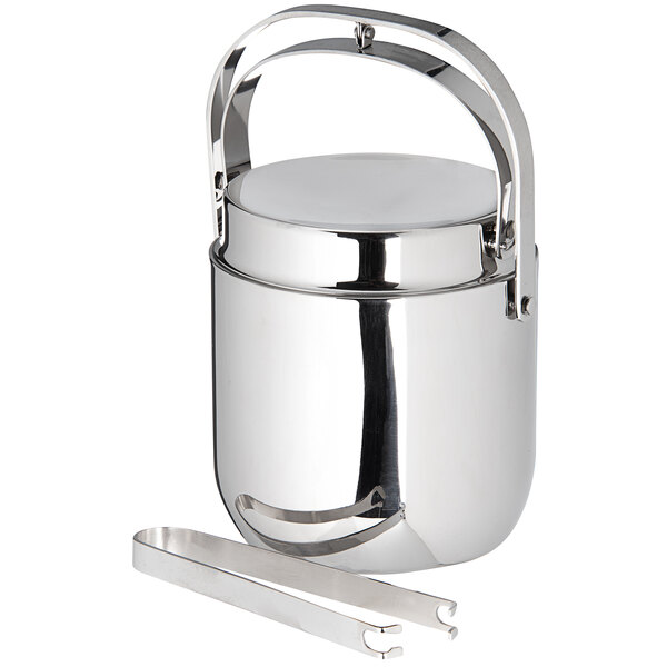 A Carlisle stainless steel ice bucket with tongs and a metal handle.