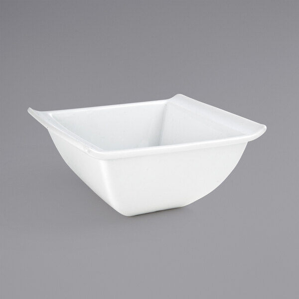 A case of six white square bowls on a white background.