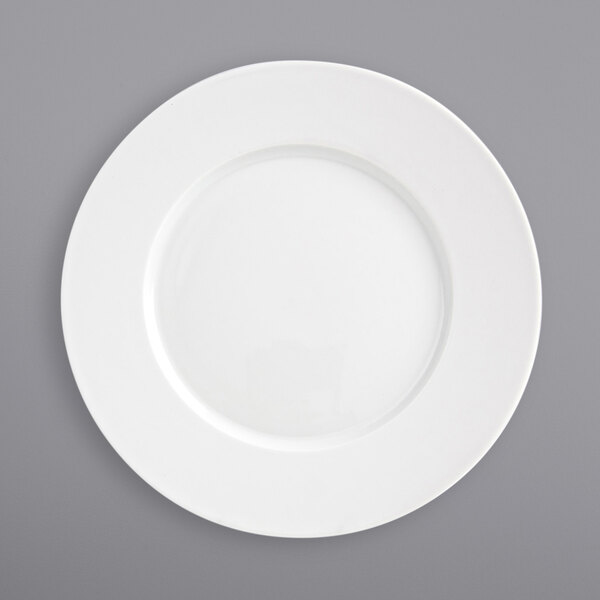 A white Front of the House Monaco porcelain plate with a wide rim.