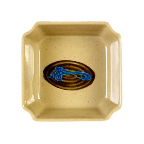 A square bowl with a blue and brown swirly design on it.