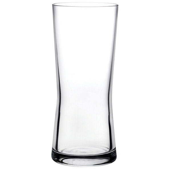 A clear Nude Savor sake glass with a curved rim on a white background.