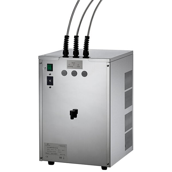 A silver rectangular Elkay carbonation chiller with buttons and switches.