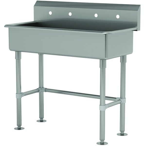 A stainless steel Advance Tabco multi-station hand sink with tubular legs.