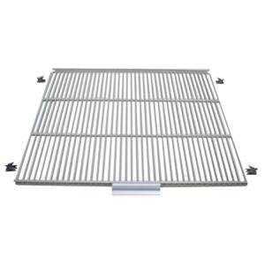 A white coated metal grid shelf.