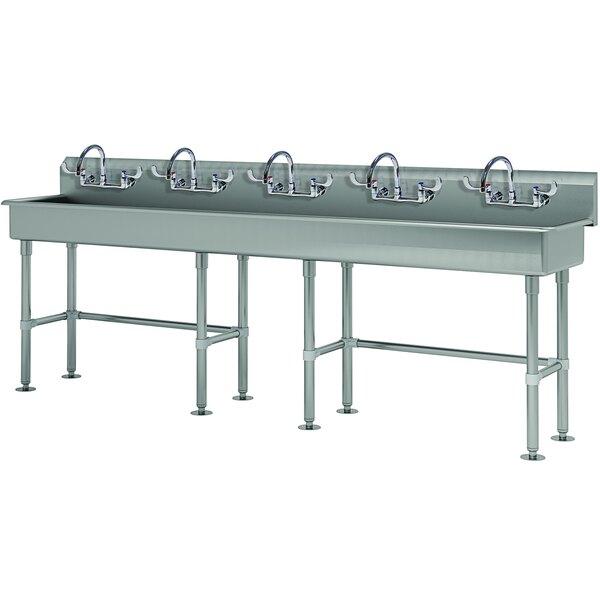 An Advance Tabco stainless steel multi-station hand sink with tubular legs and 5 faucets.