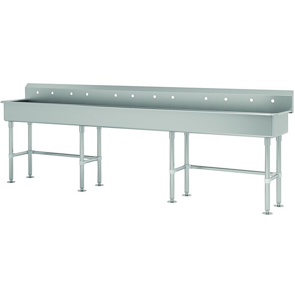 A long rectangular stainless steel sink with tubular legs and holes.