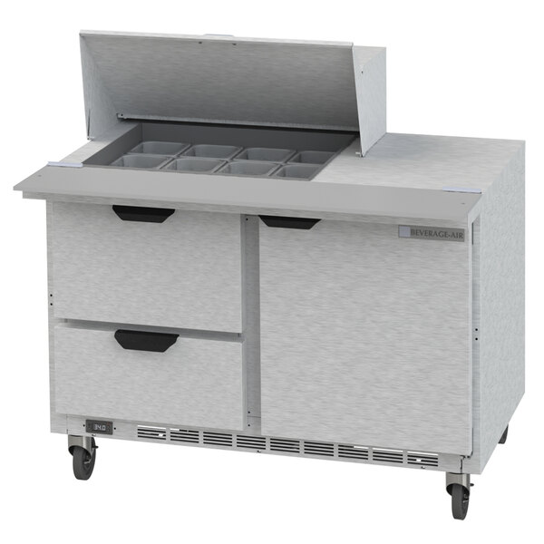 A Beverage-Air refrigerated sandwich prep table with a white lid and two drawers.