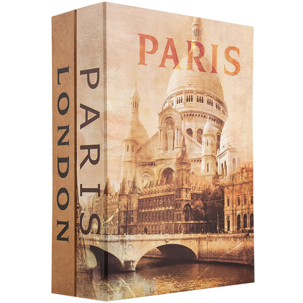 A Barska steel security box designed to look like books with Paris and London on the covers.