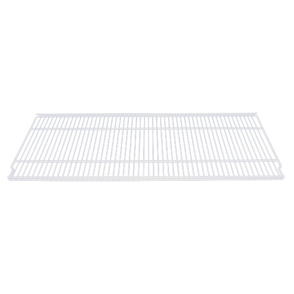A white metal shelf with a metal grid.